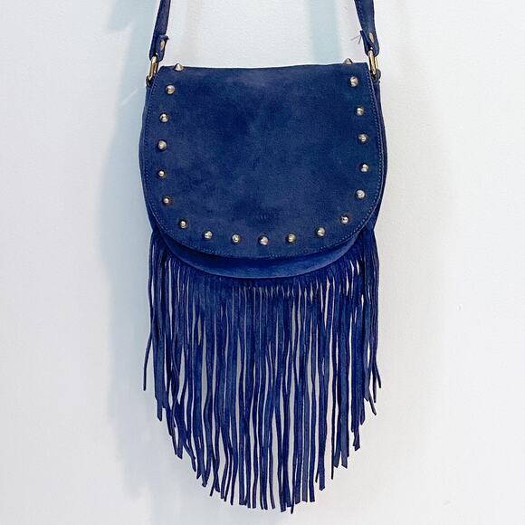Prune Blue Suede Studded Fringe Cross Body Bag - Picture 2 of 14